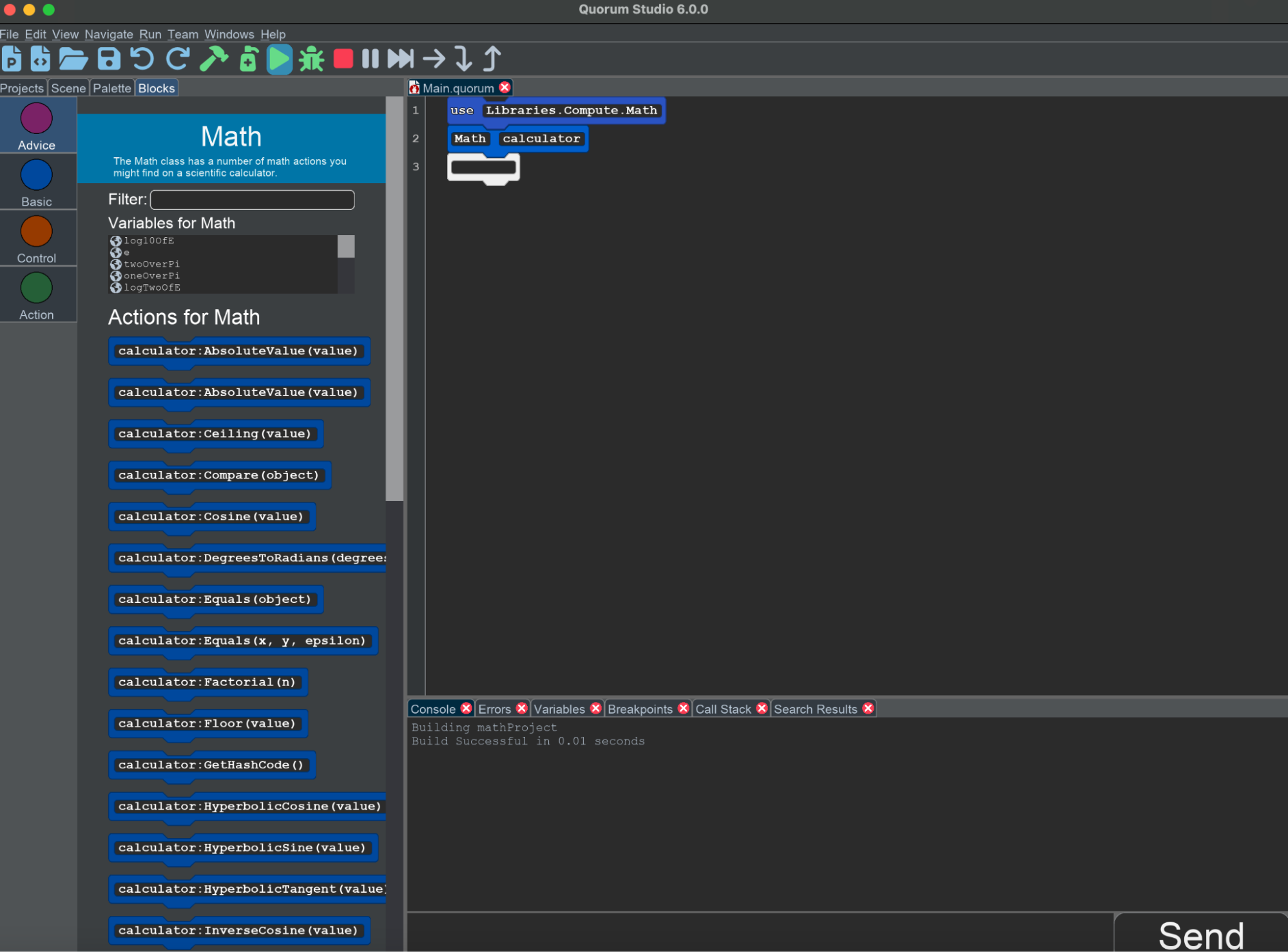 A screenshot of Quorum Studio. The Advice category is open, and the Math calculator block has been selected in the code. The palette shows a description of the Math type, a filter, and variables and actions available to the Math type. These actions include operations like the ceiling, the floor, hyperbolic cosine, or other scary sounding math names.